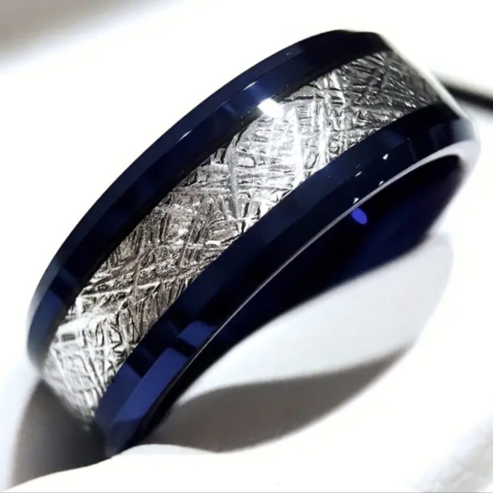 Tungsten Meteorite Ring in Blue & Silver Size 9 NWT Unisex - Picture 3 of 9